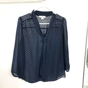 Navy Blue sheer polka dot tie neck top